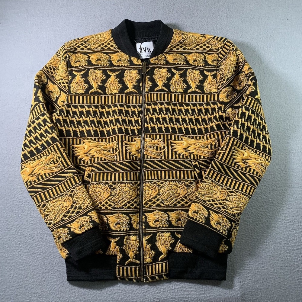 ZARA Black Gold Dragon Embroidered Men's Bomber Jacket Full Zip Size M